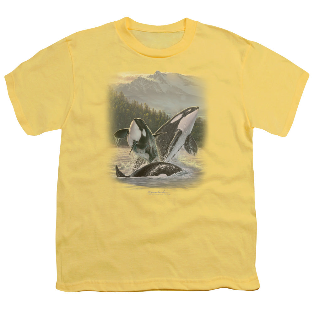 Wildlife - Breaching Orcas - Short Sleeve Youth 18/1 - Banana T-shirt