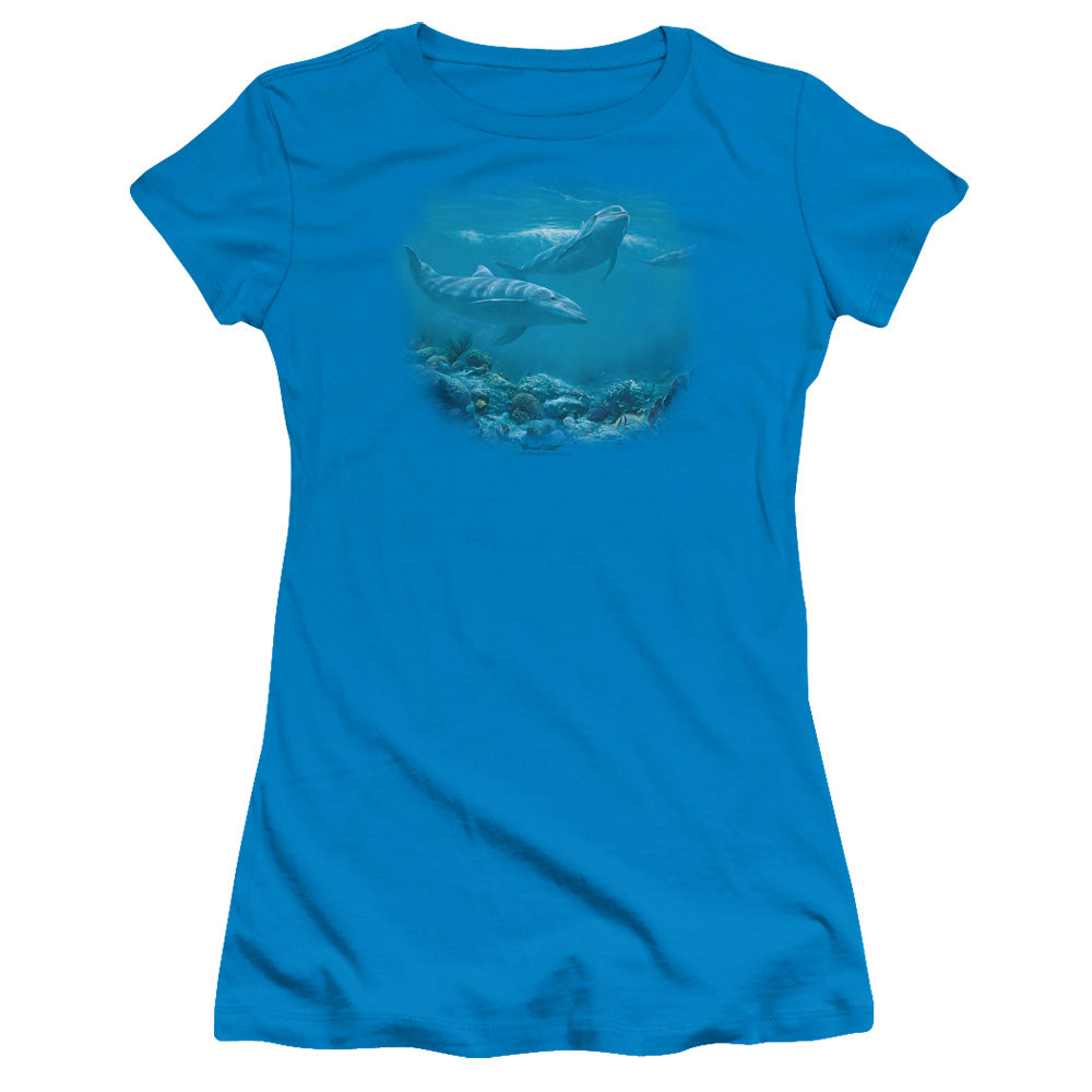 Wildlife - Bottlenosed Dolphins - Short Sleeve Junior Sheer - Turquoise T-shirt