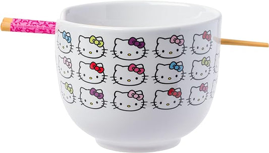 Silver Buffalo Sanrio Hello Kitty Faces and Bows Pattern Ceramic Ramen Rice Bowl with Chopsticks