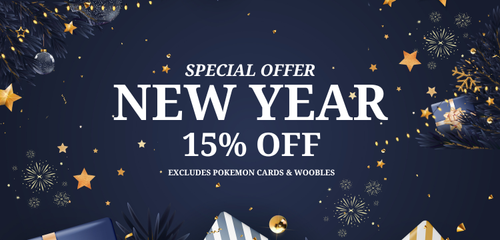 Promotional banner for a special New Year offer with stars and a dark blue background. Text says "15% off Excludes Pokemon & Woobles"