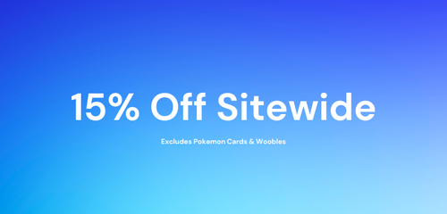 Promotional text for 15% off sitewide offer on a blue background