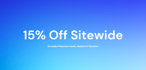 Promotional banner with 15% off sitewide offer, excludes Pokemon Cards, NeeDoh & Woobles on a blue background