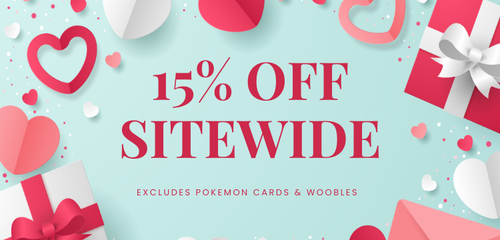 Promotional banner with 15% off sitewide offer on a light blue background with hearts and gift boxes.