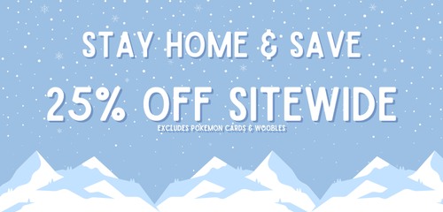 Promotional banner with snowy mountain landscape and text 'Stay Home & Save 25% Off Sitewide' on a light blue background.