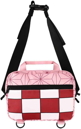 A pink, red, and white fanny pack with a black strap