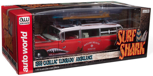 Auto World 1959 Cadillac Eldorado Ambulance Surf Shark - Faded Rusty Red & White 1/18 Scale Diecast