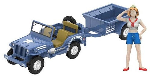 1:64 Hitch & Tow - 1943 Willys MB Die-Cast Jeep with Cargo Trailer and Military Pin-Up Girl Figurine America 250 Edition