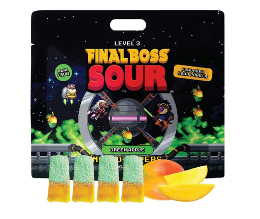 Final Boss Sour Fun Dip, Green Apple, Level 3, Extreme Super Sour Powder with Real Candy Tasting Dried Mangoes