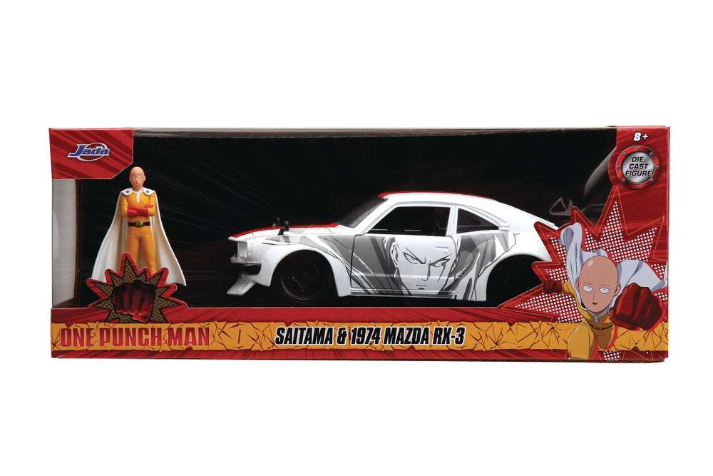 1974 Mazda Rx-3 White With Red Stripe And Graphics And Saitama Diecast Figure "One Punch Man"