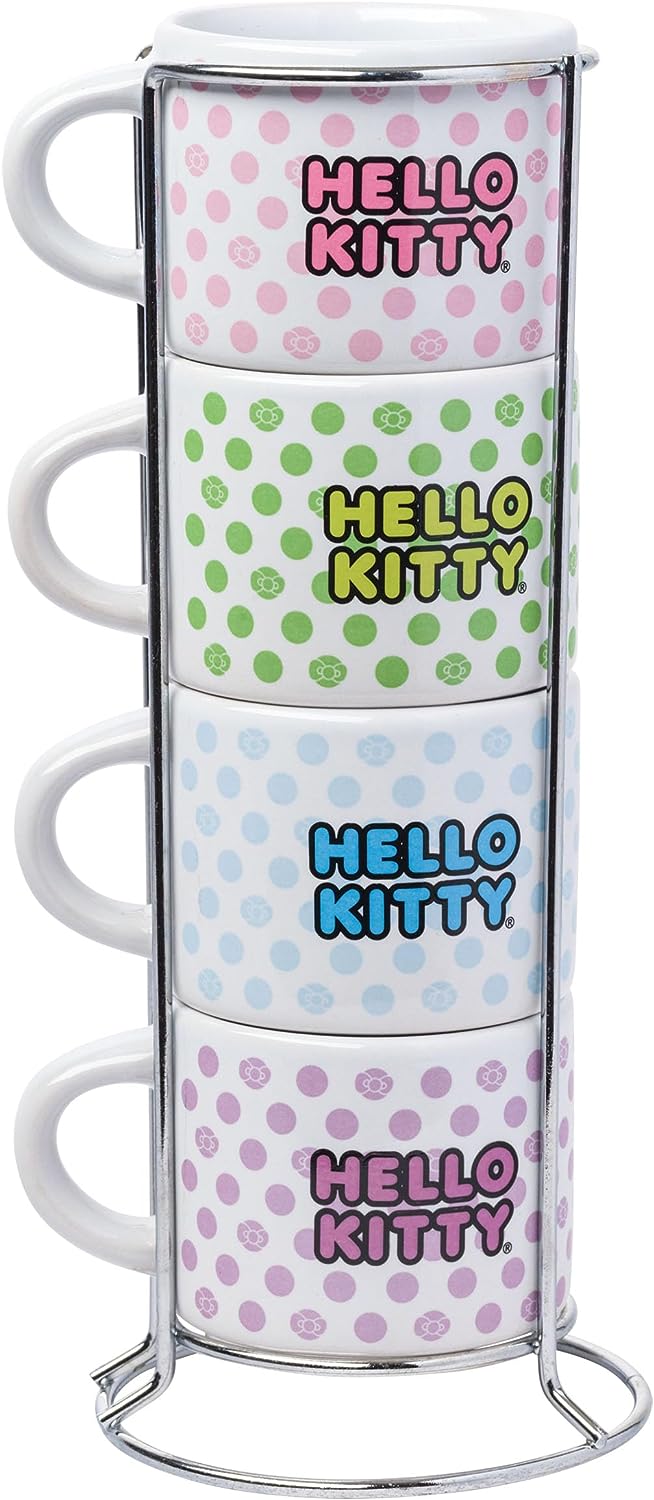 Sanrio Hello Kitty Polka Dots 4pc Stackable Ceramic Espresso Small Cup Set