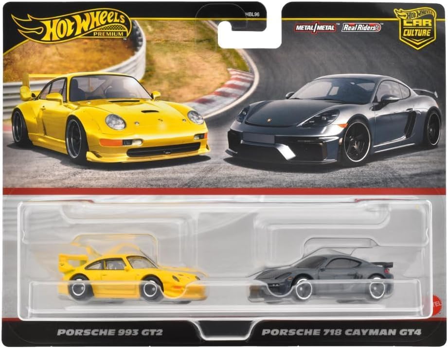 Hot Wheels HRR82 Premium 2 Pack Porsche 993 GT2/ Porsche 718 Cayman GT4 Vehicle Toy Minicar