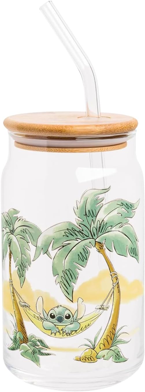 Disney Lilo & Stitch Relaxing Chilling in Hammock Island Glass Jar Tumbler with Bamboo Lid