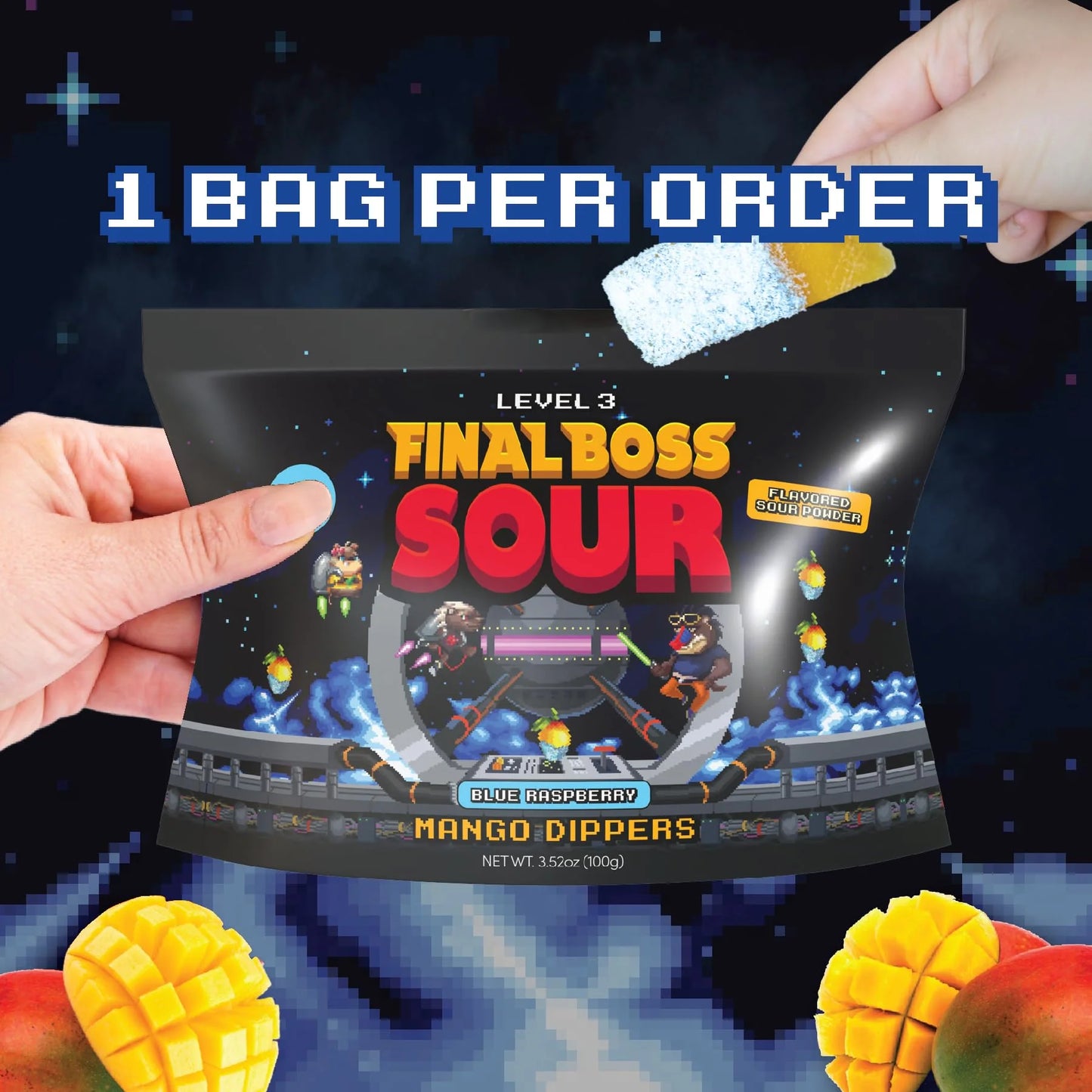 Final Boss Sour Candy, Fun Dip, Extreme Super Sour Blue Raspberry Powder With Real Candy-Tasting Dried Mangoes