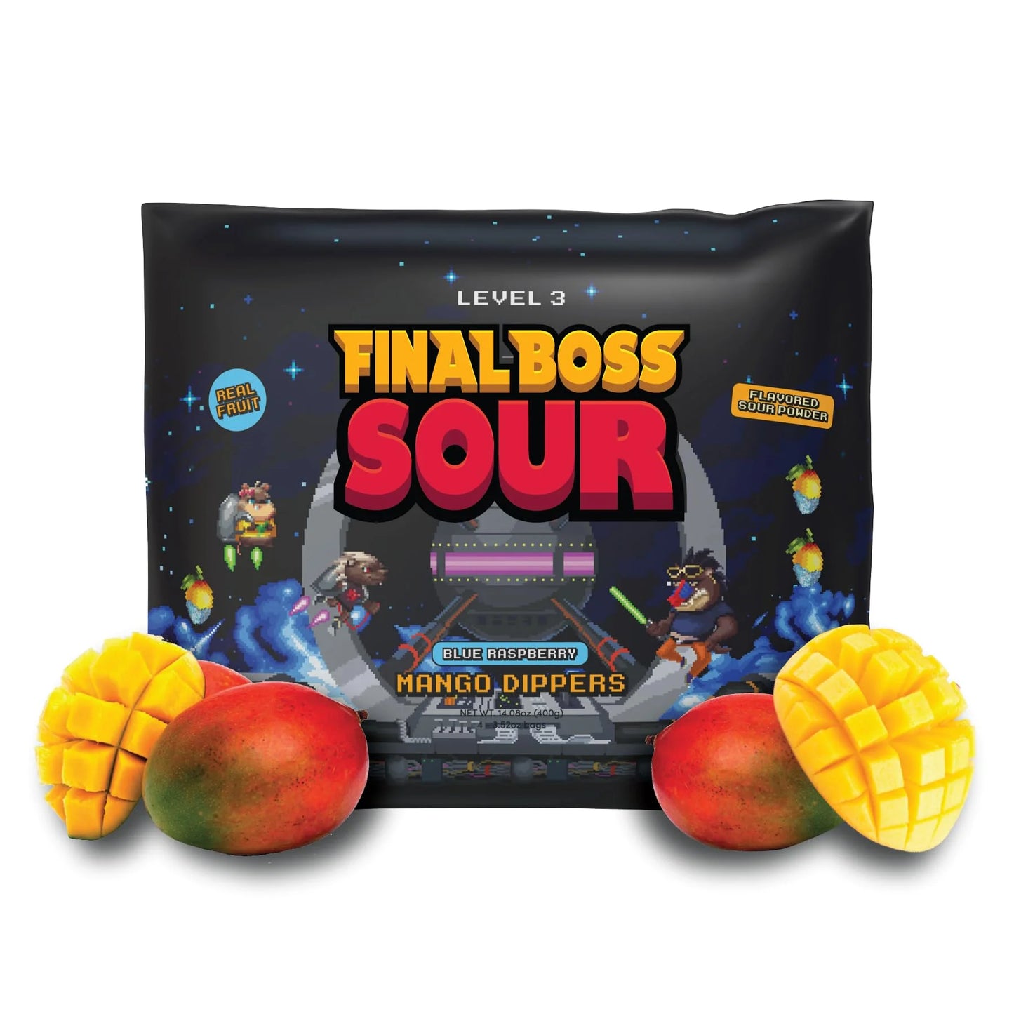 Final Boss Sour Candy, Fun Dip, Extreme Super Sour Blue Raspberry Powder With Real Candy-Tasting Dried Mangoes