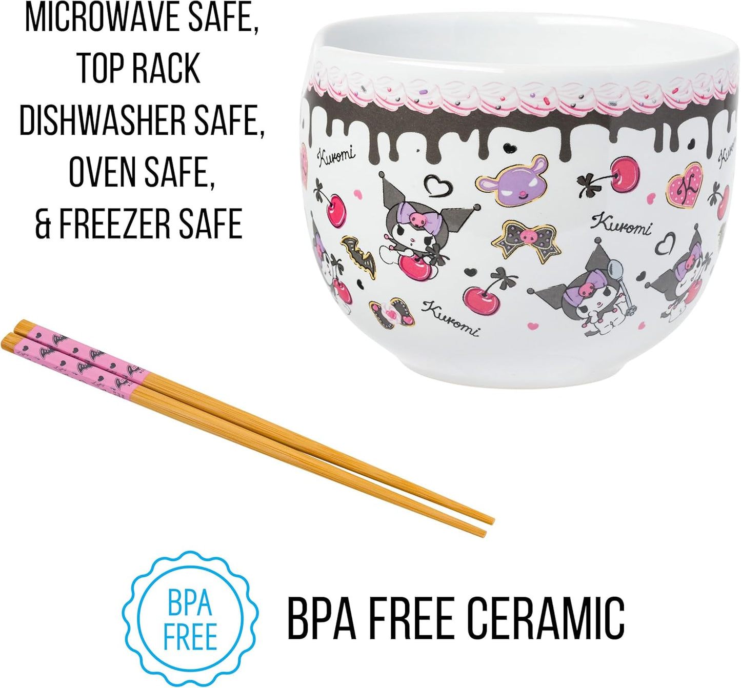 Sanrio Hello Kitty and Friends Kuromi Chocolate and Cherry Ceramic Bowl with Chopsticks