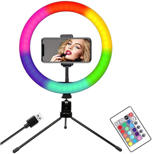 Delia Ultra Bright Multi-Color 10" LED Ring Light with Phone Holder and Table Top Tripod