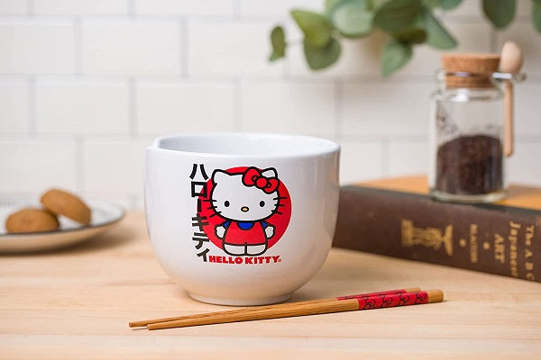 Hello Kitty Japan Logo Boxed Ceramic Ramen Bowl with Chopsticks 20 oz.