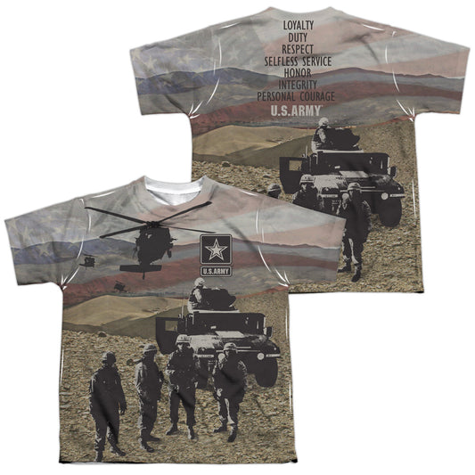 Army - Values (Front/back Print) - Short Sleeve Youth Poly Crew - White T-shirt