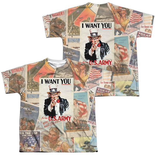 Army - Vintage Collage (Front/back Print) - Short Sleeve Youth Poly Crew - White T-shirt