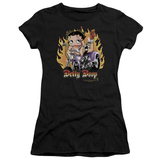 Betty Boop - Biker Flames Boop - Short Sleeve Junior Sheer - Black T-shirt