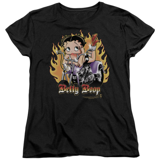 Betty Boop - Biker Flames Boop - Short Sleeve Womens Tee - Black T-shirt