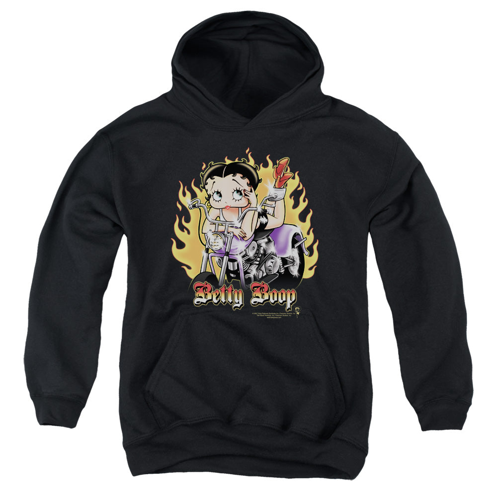 Betty Boop Biker Flames Boop-youth Pull-over Hoodie - Black