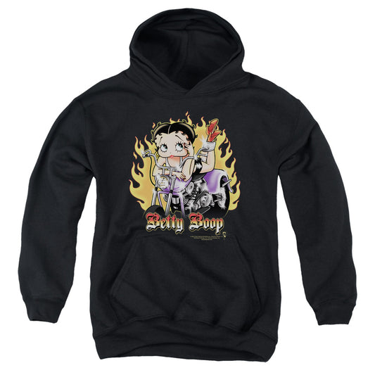 Betty Boop Biker Flames Boop-youth Pull-over Hoodie - Black