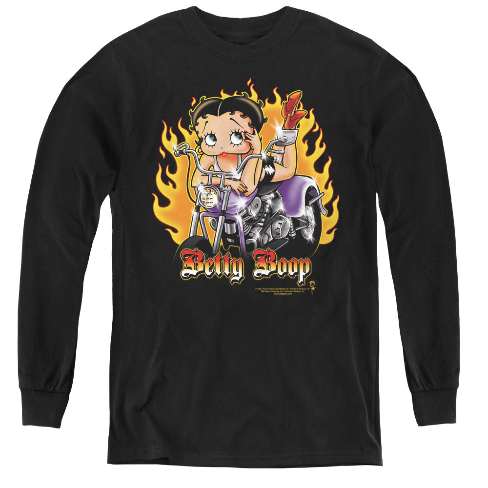 Betty Boop - Biker Flames Boop - Youth Long Sleeve Tee - Black