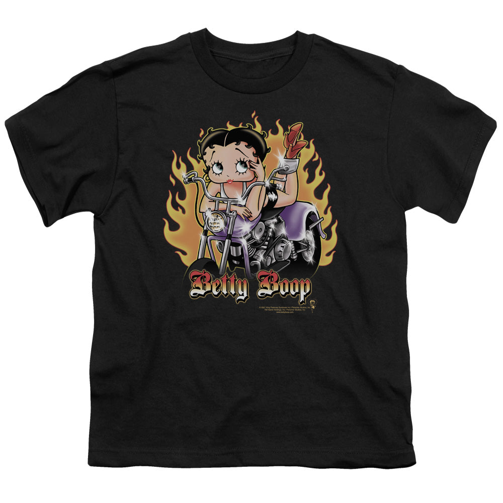 Betty Boop - Biker Flames Boop - Short Sleeve Youth 18/1 - Black T-shirt