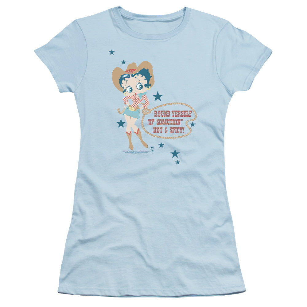 Betty Boop - Hot And Spicy Cowgirl - Short Sleeve Junior Sheer - Light Blue T-shirt