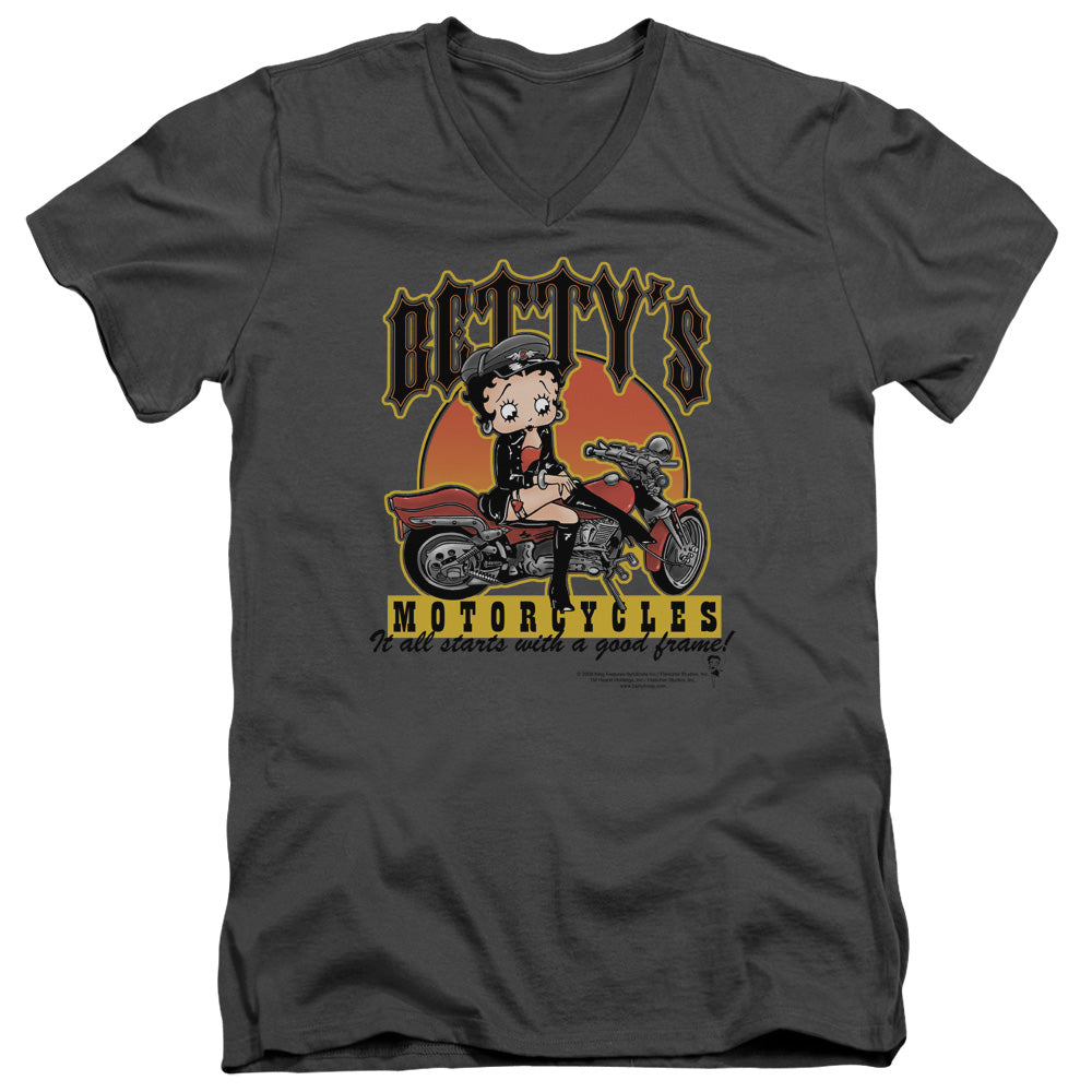 Betty Boop - Bettys Motorcycles - Short Sleeve Adult V-neck - Charcoal T-shirt