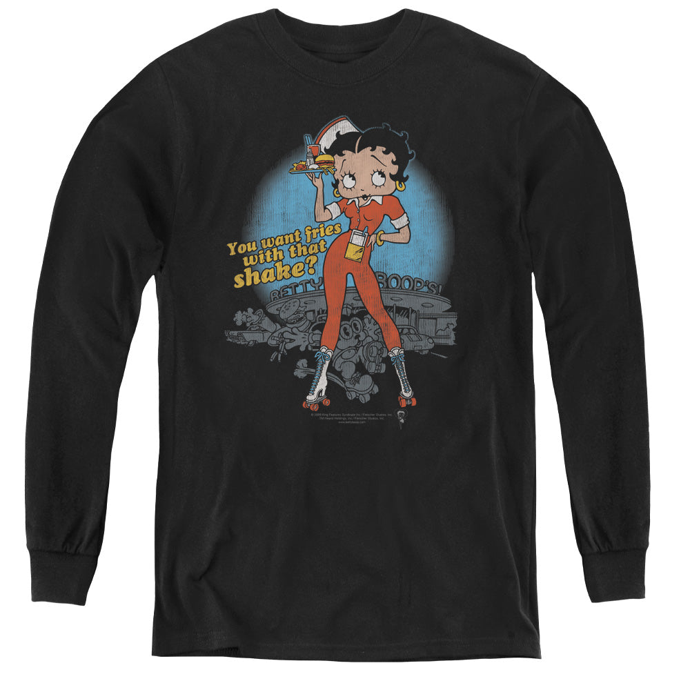 Betty Boop Fries With That - Youth Long Sleeve Tee - Black