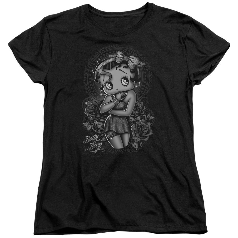 Betty Boop - Fashion Roses - Short Sleeve Womens Tee - Black T-shirt