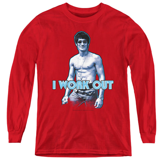 Bruce Lee - Lee Works Out - Youth Long Sleeve Tee - Red