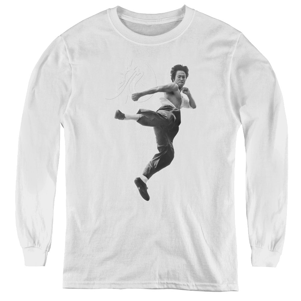Bruce Lee - Flying Kick - Youth Long Sleeve Tee - White