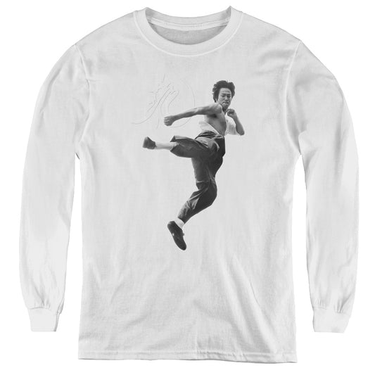 Bruce Lee - Flying Kick - Youth Long Sleeve Tee - White