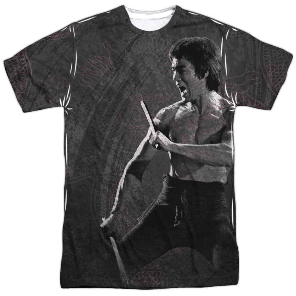 Bruce Lee - Dragon Print -  Short Sleeve Adult 100% Poly Crew - White T-shirt