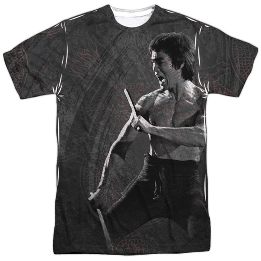 Bruce Lee - Dragon Print -  Short Sleeve Adult 100% Poly Crew - White T-shirt