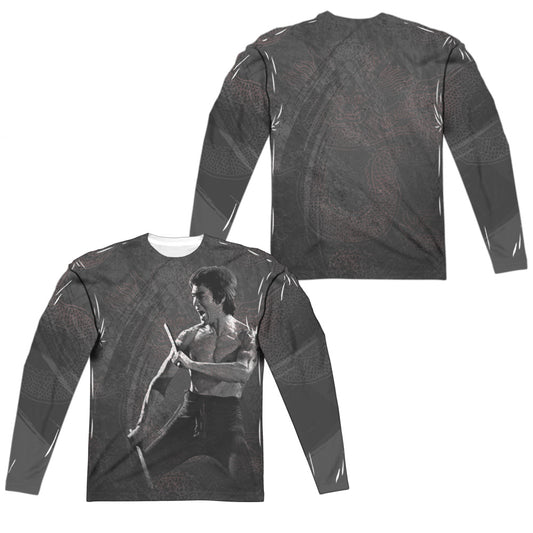 Bruce Lee - Dragon Print (Front/back Print) - Long Sleeve Adult Poly Crew  - White T-shirt