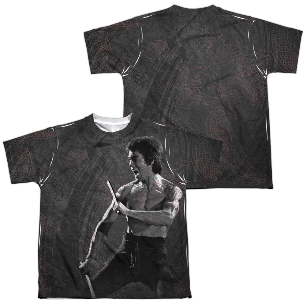 Bruce Lee - Dragon Print - Short Sleeve Youth Poly Crew - White T-shirt
