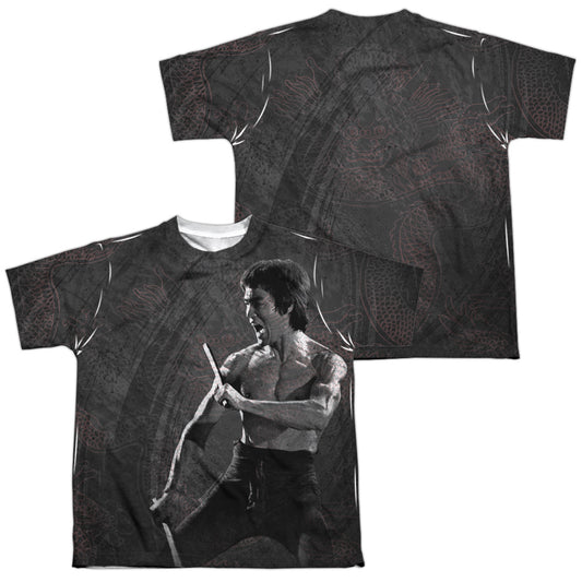 Bruce Lee - Dragon Print - Short Sleeve Youth Poly Crew - White T-shirt
