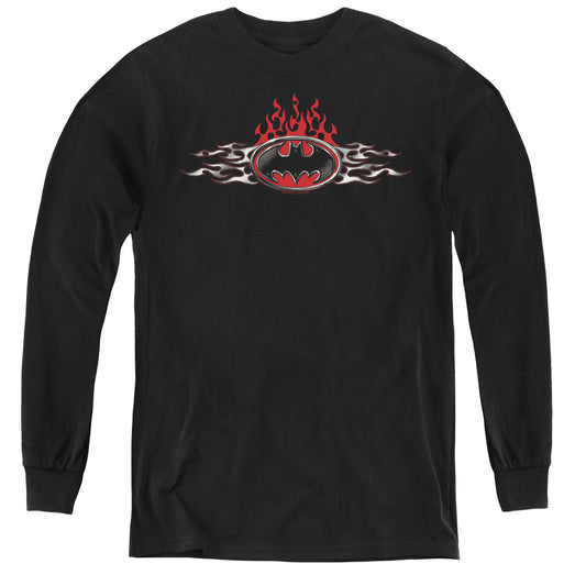 Batman - Steel Flames Logo - Youth Long Sleeve Tee - Black