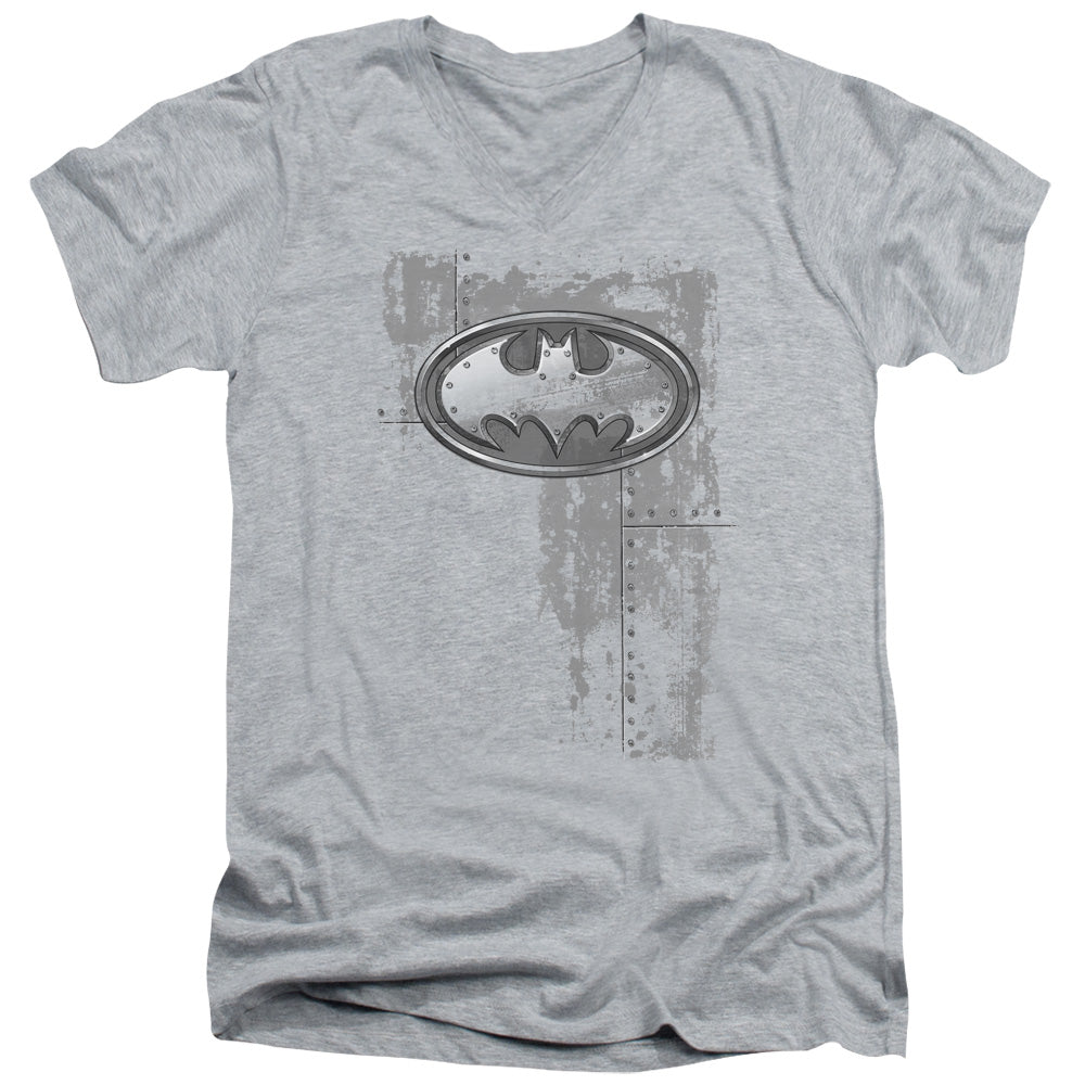 Batman - Rivited Metal Logo - Short Sleeve Adult V-neck - Athletic Heather T-shirt