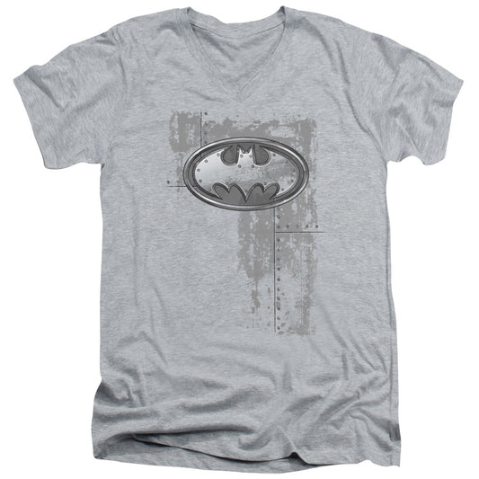 Batman - Rivited Metal Logo - Short Sleeve Adult V-neck - Athletic Heather T-shirt