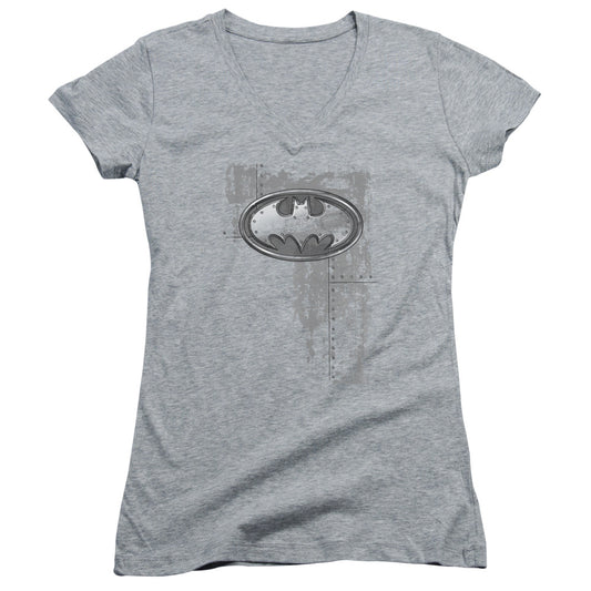Batman - Rivited Metal Logo - Junior V-neck - Athletic Heather