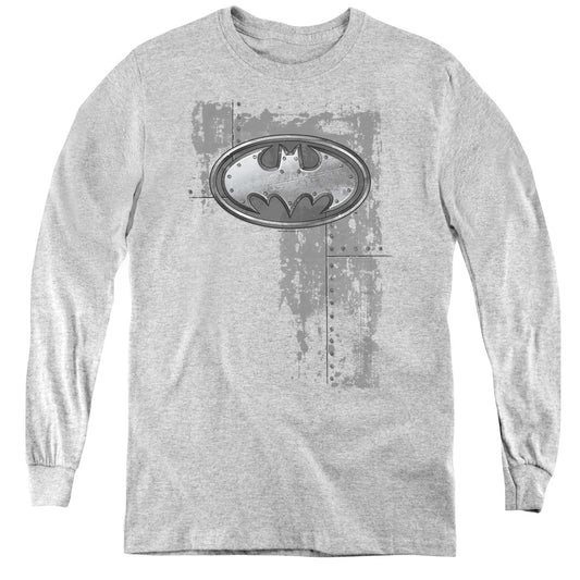 Batman - Rivited Metal Logo - Youth Long Sleeve Tee - Athletic Heather