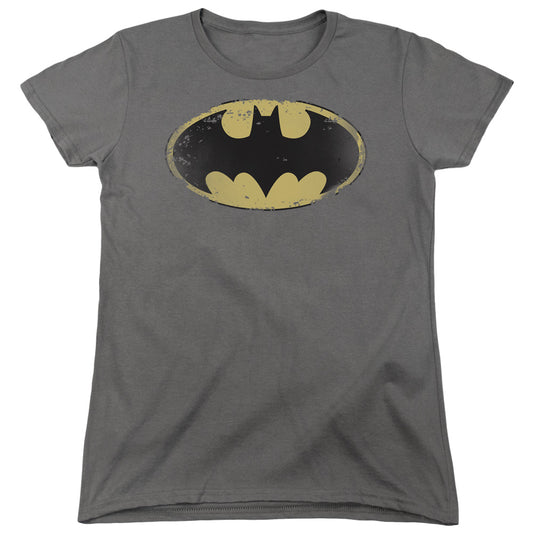 Batman - Distressed Shield - Short Sleeve Womens Tee - Charcoal T-shirt