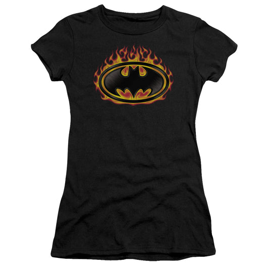 Batman - Bat Flames Shield - Short Sleeve Junior Sheer - Black T-shirt