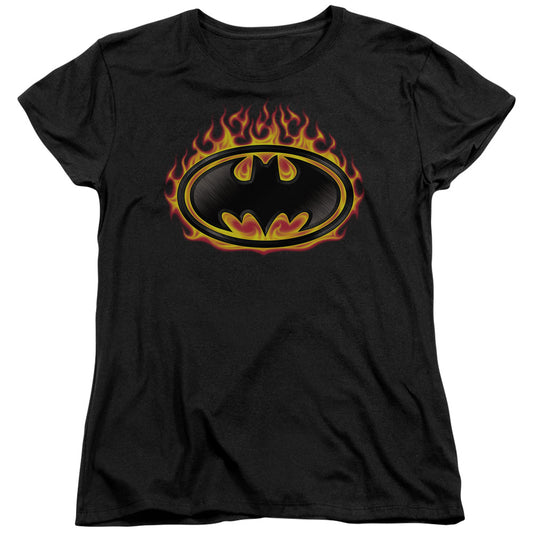 BATMAN BAT FLAMES SHIELD - S/S WOMENS TEE - BLACK T-Shirt