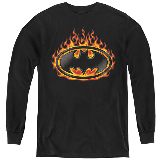 Batman - Bat Flames Shield - Youth Long Sleeve Tee - Black